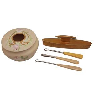 Antique 5pc dresser set celluloid floral nail buffer button hooks 1910s/20s/30s